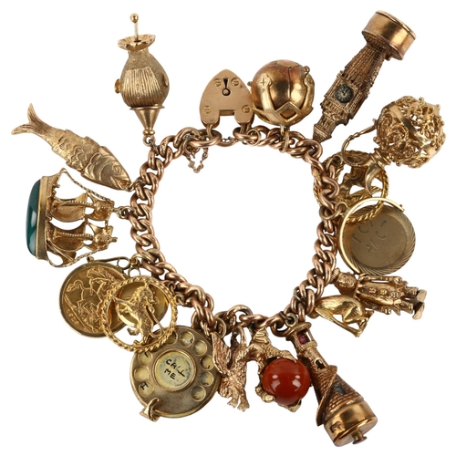 1148 - An early 20th century 9ct rose gold curb link charm bracelet, with 15 x 9ct charms, 1 x 1913 half so... 