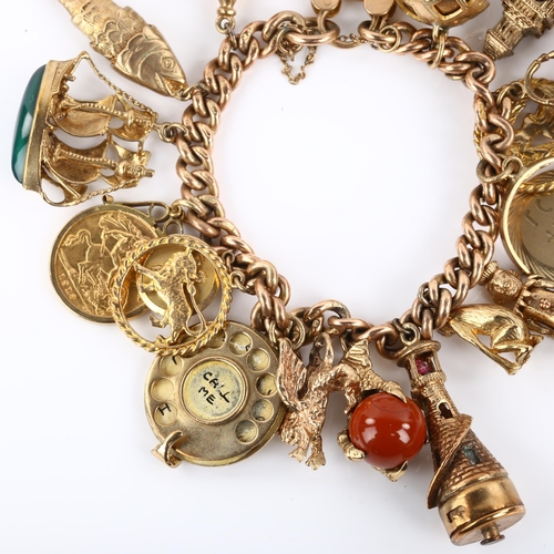 1148 - An early 20th century 9ct rose gold curb link charm bracelet, with 15 x 9ct charms, 1 x 1913 half so... 