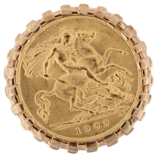 1151 - Am Edward VII 1909 gold half sovereign coin, in 9ct ring mount, setting height 22.4mm, size R, 13g