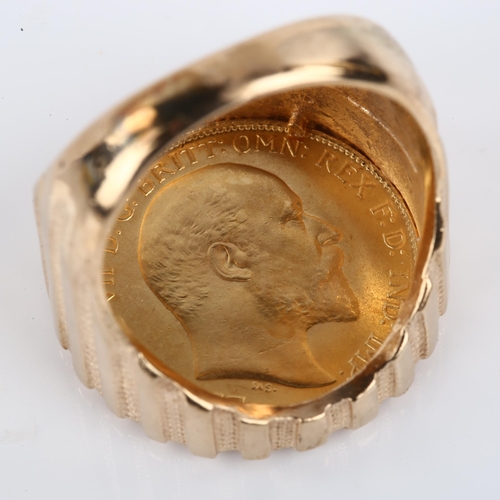 1151 - Am Edward VII 1909 gold half sovereign coin, in 9ct ring mount, setting height 22.4mm, size R, 13g