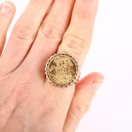 1151 - Am Edward VII 1909 gold half sovereign coin, in 9ct ring mount, setting height 22.4mm, size R, 13g