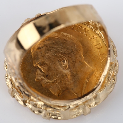 1152 - A George V 1914 gold half sovereign coin, in 9ct ring mount, setting height 21.1mm, size L, 7.3g