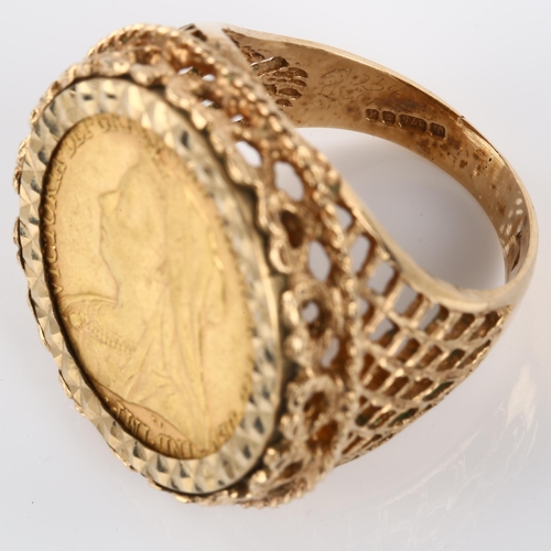 1157 - A Victoria 1896 gold full sovereign coin, in 9ct openwork ring mount, setting height 26.3mm, size R,... 