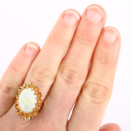 1162 - A Continental 18ct gold white opal dress ring, basket set with oval cabochon opal, opal measures: 14... 