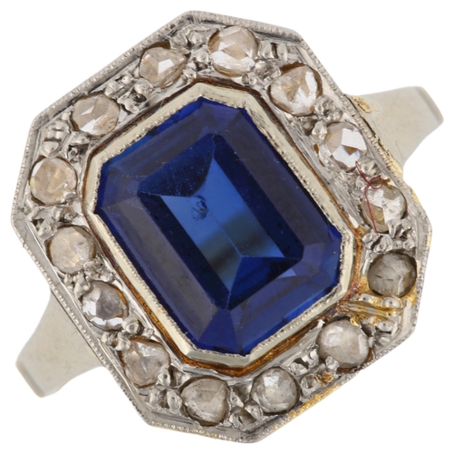 1163 - A synthetic sapphire and diamond octagonal cluster ring, unmarked gold settings with emerald-cut sap... 