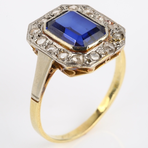 1163 - A synthetic sapphire and diamond octagonal cluster ring, unmarked gold settings with emerald-cut sap... 