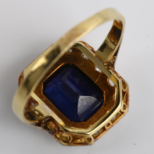 1163 - A synthetic sapphire and diamond octagonal cluster ring, unmarked gold settings with emerald-cut sap... 