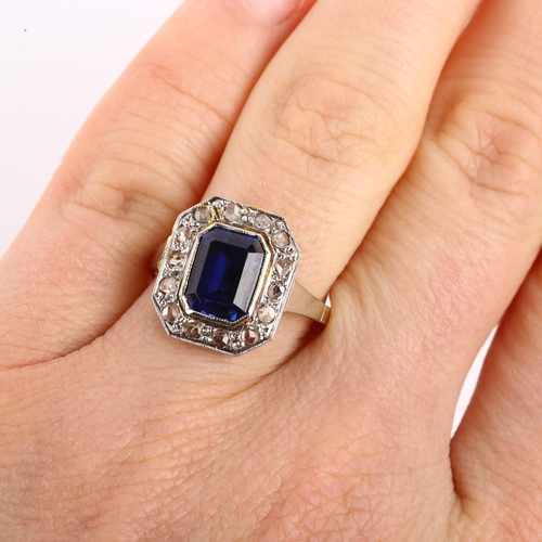 1163 - A synthetic sapphire and diamond octagonal cluster ring, unmarked gold settings with emerald-cut sap... 