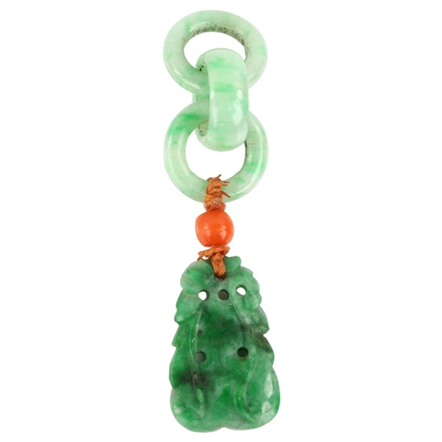 1165 - A Taiwanese jade and coral gourd fruit pendant/amulet, with jade hoop mount, overall height 56.8mm, ... 