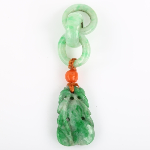 1165 - A Taiwanese jade and coral gourd fruit pendant/amulet, with jade hoop mount, overall height 56.8mm, ... 