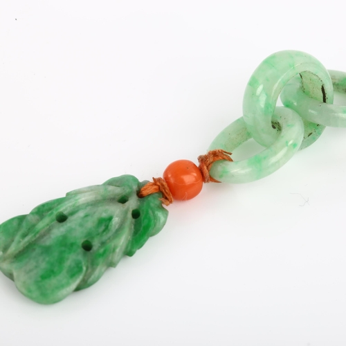 1165 - A Taiwanese jade and coral gourd fruit pendant/amulet, with jade hoop mount, overall height 56.8mm, ... 