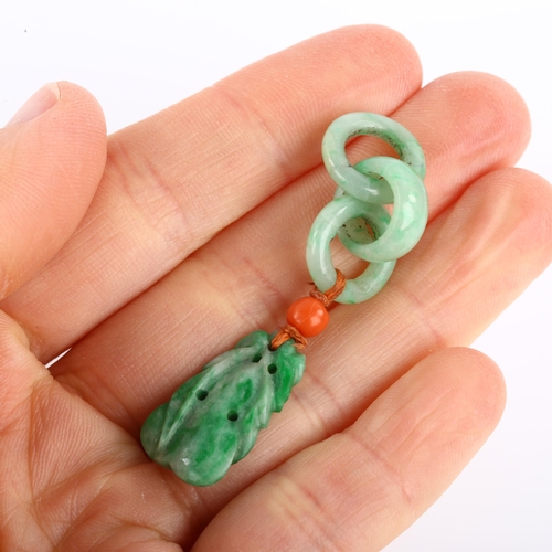 1165 - A Taiwanese jade and coral gourd fruit pendant/amulet, with jade hoop mount, overall height 56.8mm, ... 