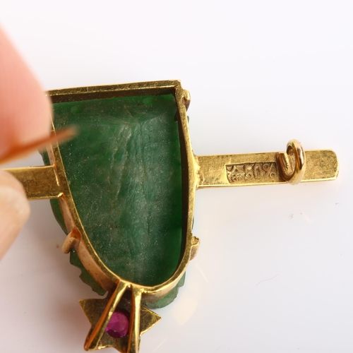 1166 - A Taiwanese jade and ruby Shou Lao bar brooch, gold settings, brooch length 36.8mm, 4.9g