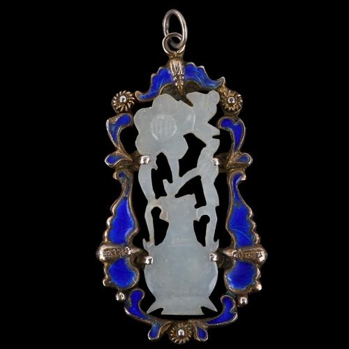 1167 - A Taiwanese silver-gilt jade and blue enamel vase and flowers pendant, height excluding bale 46.3mm,... 