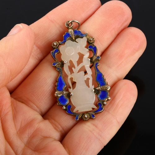 1167 - A Taiwanese silver-gilt jade and blue enamel vase and flowers pendant, height excluding bale 46.3mm,... 