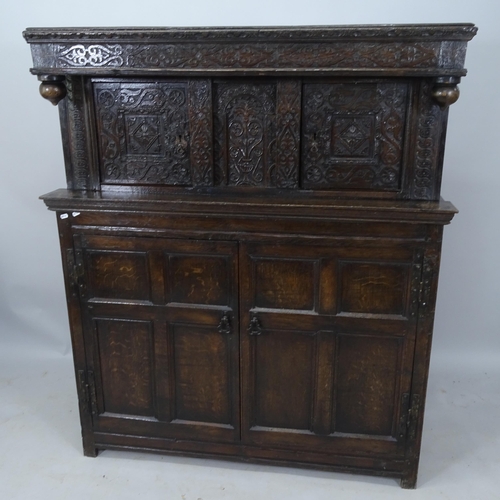 2070 - A 17th century carved oak 2-section court cupboard, 126 x 147 x 50cm