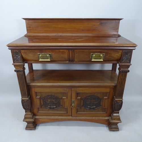 2071 - A 1930s mahogany 2-tier buffet, with raised back, 2 frieze drawers and cupboards under, with carved ... 