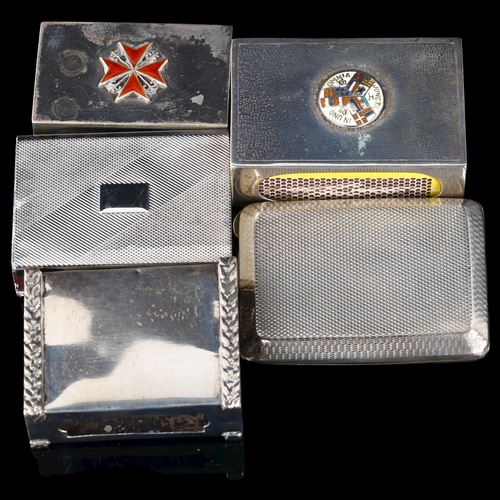 1692 - 5 silver matchbox holders, including red enamel Maltese Cross example, 5cm x 3cm (5)