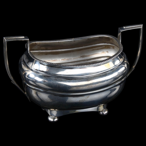 1712 - An Irish William IV silver 2-handled sugar bowl, oval bulbous form with gadrooned rim and bun feet, ... 