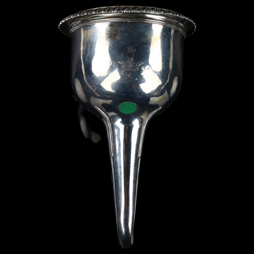 1722 - A George IV silver wine funnel, with strainer insert, gadrooned rim and shell clip, by Rebecca Emes ... 