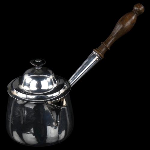 1728 - A large Irish George III silver Brandy pan, circular tapered form with side pouring turned wood hand... 