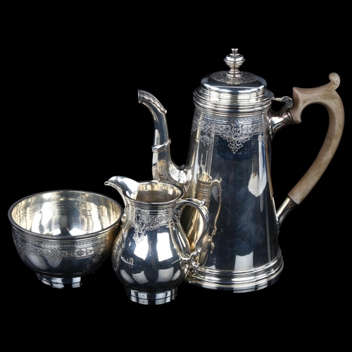 1729 - GARRARD - a heavy gauge Elizabeth II silver 3-piece coffee set, comprising hot water jug, sugar bowl... 