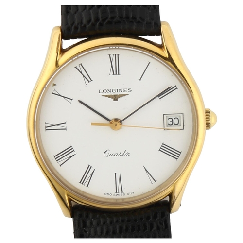 1086 - LONGINES - a gold plated stainless steel quartz wristwatch, white dial with Roman numeral hour marke... 