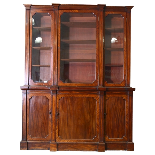 387 - A Victorian mahogany breakfront bookcase, height 216cm, Width 168cm, depth 50cm