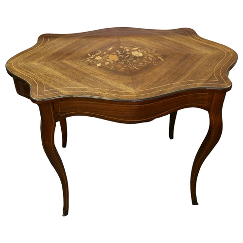 389 - 19th Century French rosewood marquetry inlaid centre table, shaped top on cabriole legs, with single... 