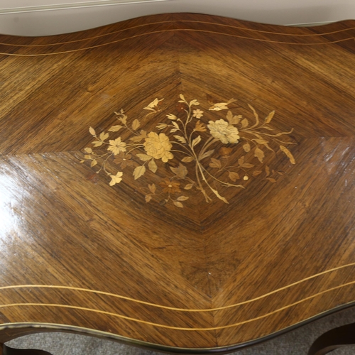 389 - 19th Century French rosewood marquetry inlaid centre table, shaped top on cabriole legs, with single... 