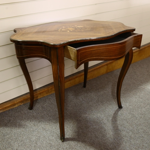 389 - 19th Century French rosewood marquetry inlaid centre table, shaped top on cabriole legs, with single... 