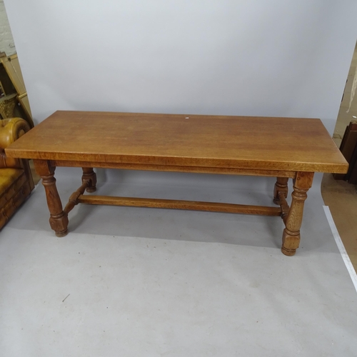 2080 - An Antique oak refectory dining table, on turned legs with H-shaped stretcher, 220 x 78 x 80cm