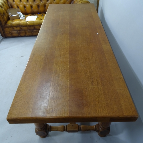 2080 - An Antique oak refectory dining table, on turned legs with H-shaped stretcher, 220 x 78 x 80cm