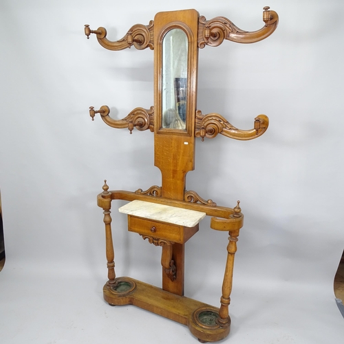 2036 - A Victorian oak tree-design hallstand, with mirror back, marble shelf and fitted drawer. 103cm x 195... 