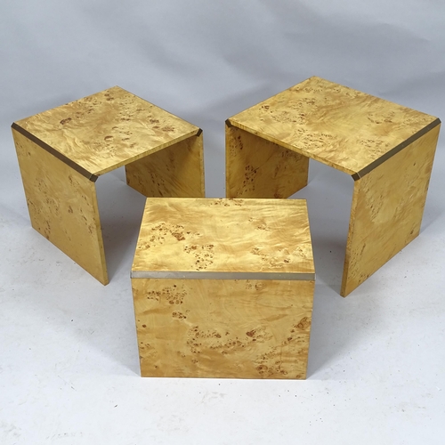 2058 - A 1970s French nest of three occasional tables in burr elm with brass detail in the manner of Jean-C... 