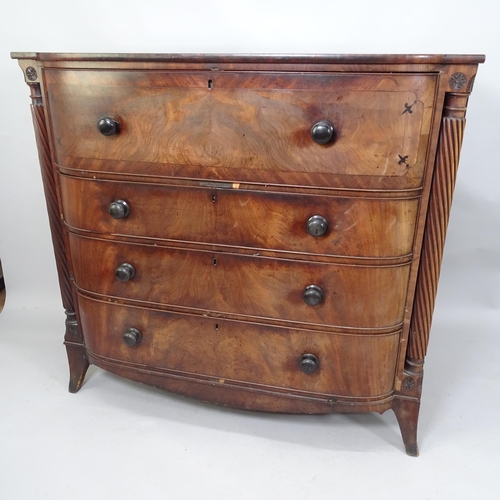 2064 - A Regency crossbanded mahogany chest of four long drawers with spiral turned pilasters, 126cm x 118c... 