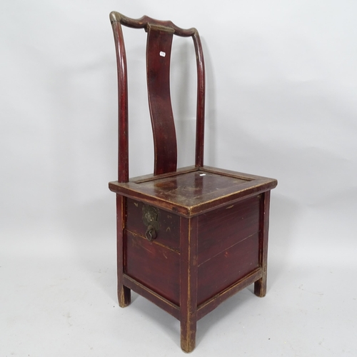 2068 - An antique red lacquered Chinese chair with single fitted drawer to base. 45cm x 97cm x 38cm