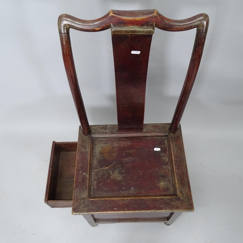 2068 - An antique red lacquered Chinese chair with single fitted drawer to base. 45cm x 97cm x 38cm