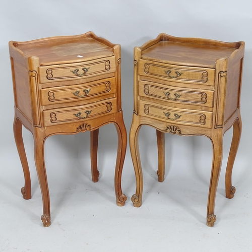 2072 - A pair of French oak three-drawer bedside chests, 38cm x 73cm x 32cm