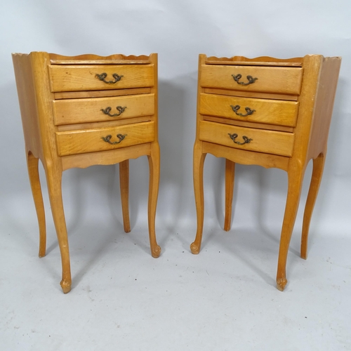 2073 - A pair of French oak three drawer bedside chests, 37cm x 72cm x 30cm