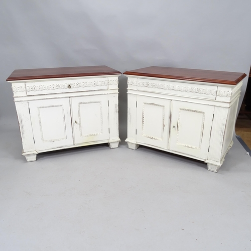 2074 - A pair of painted mahogany two door cabinets with single frieze drawer, 88cm x 70cm x 54cm (with key... 