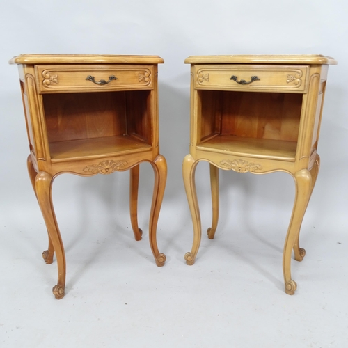 2077 - A pair of French oak parquetry top bedside pot cupboards. 42cm x 74cm x 30cm