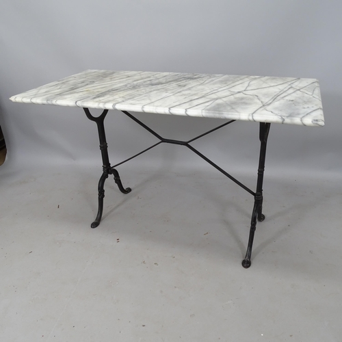 2087 - A rectangular marble-top garden table, on cast-iron base, 120 x 71 x 6cm