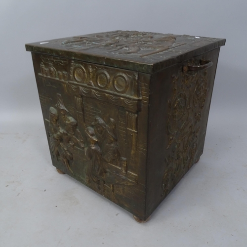 2093 - An Antique Dutch brass coal purdonium, with figural decoration, 50cm x 46cm x 41cm