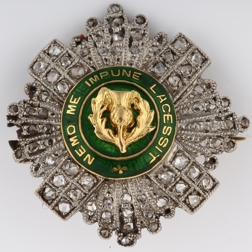 1140 - An Order Of The Thistle brooch, unmarked yellow and white metal settings with central green enamel b... 