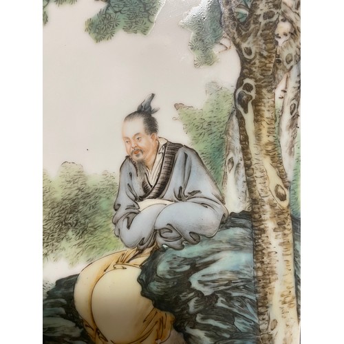 208 - A Chinese porcelain plaque, hand painted design of a man in landscape, text inscription, 26cm x 18cm
