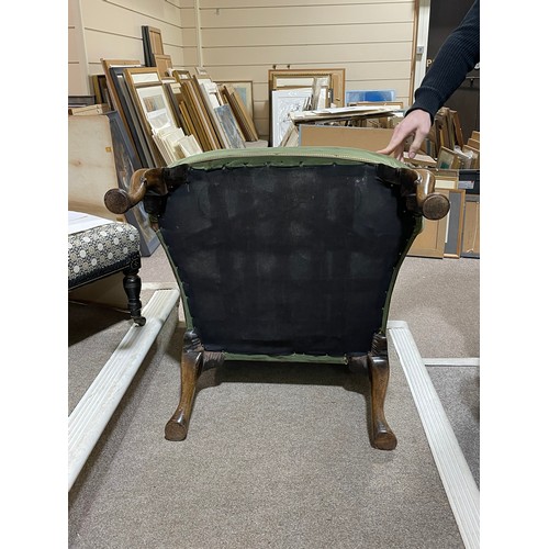 265 - A pair of 19th century upholstered wing armchairs in Queen Anne style, on walnut cabriole legs