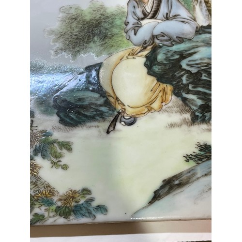 208 - A Chinese porcelain plaque, hand painted design of a man in landscape, text inscription, 26cm x 18cm