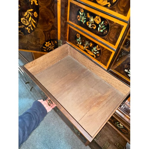 216 - An exceptional William and Mary oyster laburnum and marquetry inlaid cabinet on stand, covered in sp... 