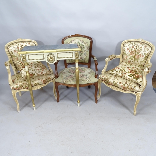 2198 - A pair of continental painted and upholstered open armchairs, another, and a console table. 70cm x 8... 